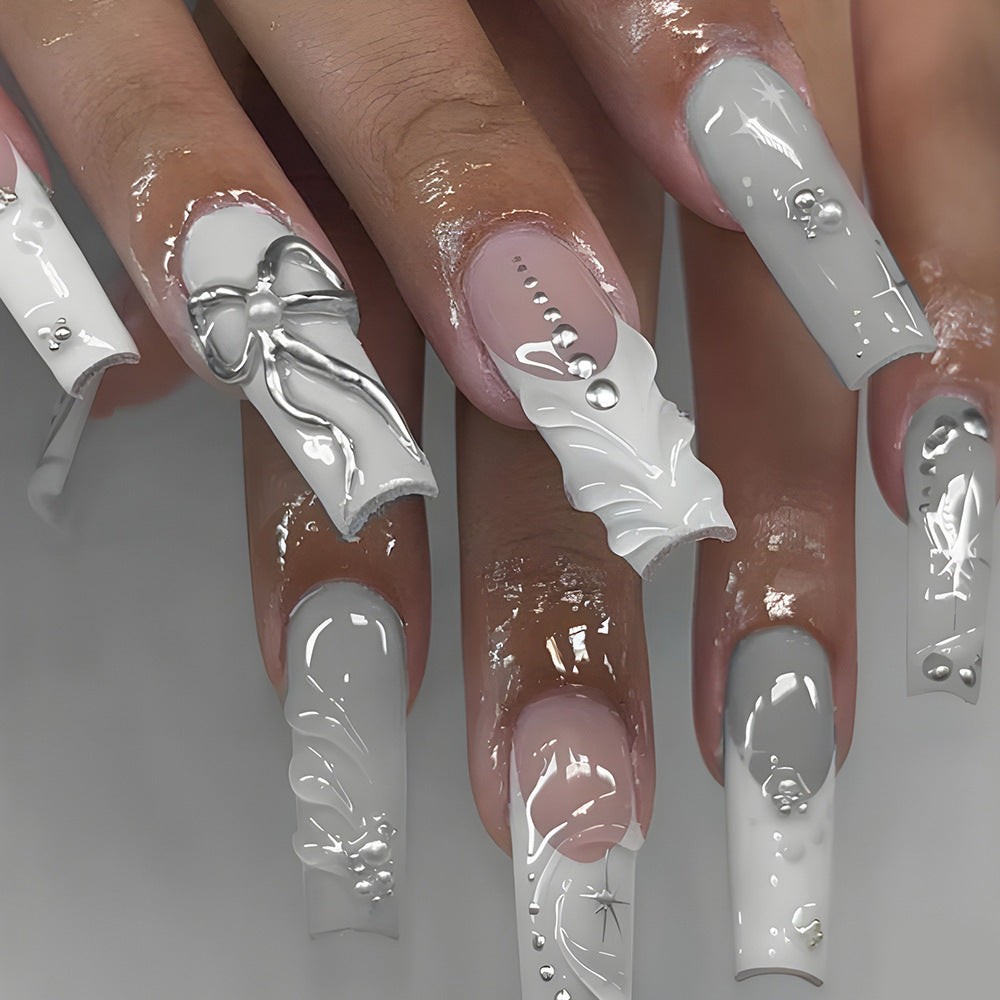 Elegant Winter Wonderland Long Square White and Grey Press-On Nail Set with Stunning Three-Dimensional Embellishments