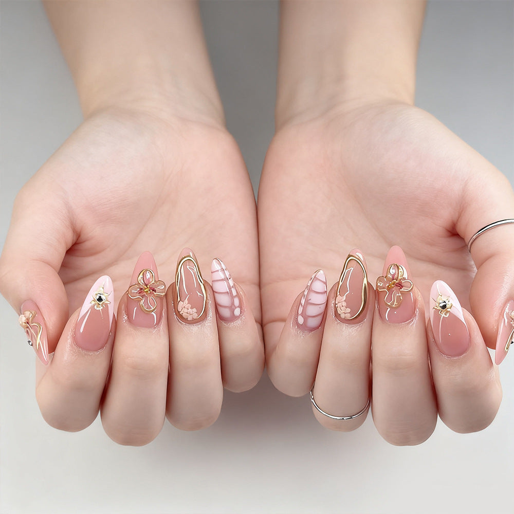 Blossom Elegance Long Almond Pink Press On Nail Set with Floral Accents