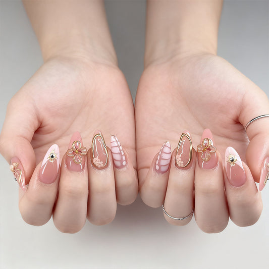 Blossom Elegance Long Almond Pink Press On Nail Set with Floral Accents