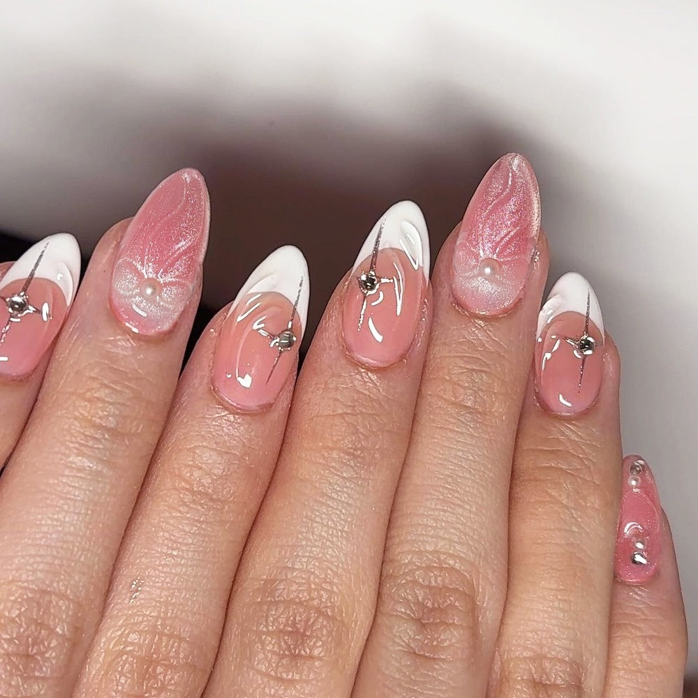 Charming Blossom Elegant Long Almond Shaped Pink Ombre Nail Set with Sparkling Rhinestones