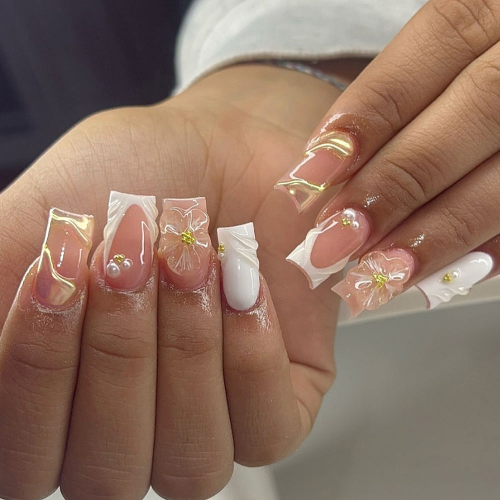 Whimsical Blossom Medium Square White Floral Press On Nail Set with Metallic Accents