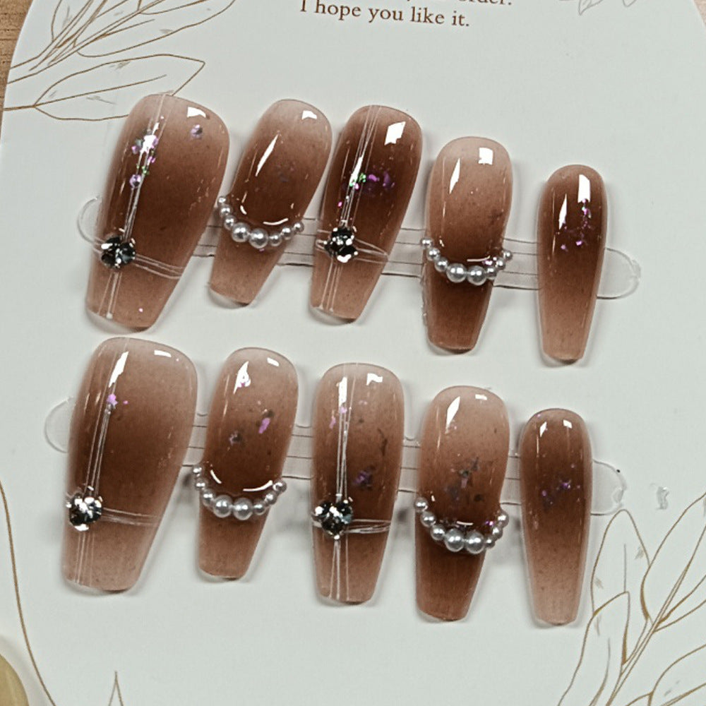 Glamorous Elegance Long Coffin Brown Ombre Press On Nail Set with Pearl Detailing