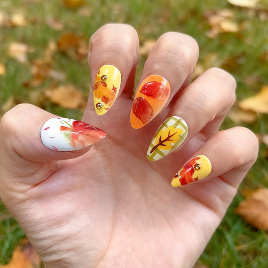 Autumnal Elegance Long Almond Orange Yellow Artistic Design with Rhinestone Accents Press On Nail Set