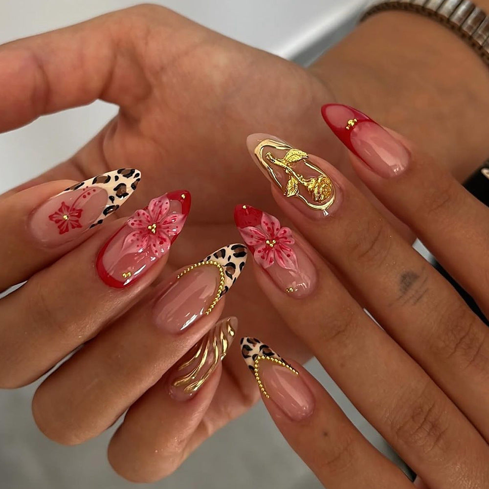 Tropical Paradise Medium Almond Red and Leopard Print Press On Nail Set with Floral and Gold Accents