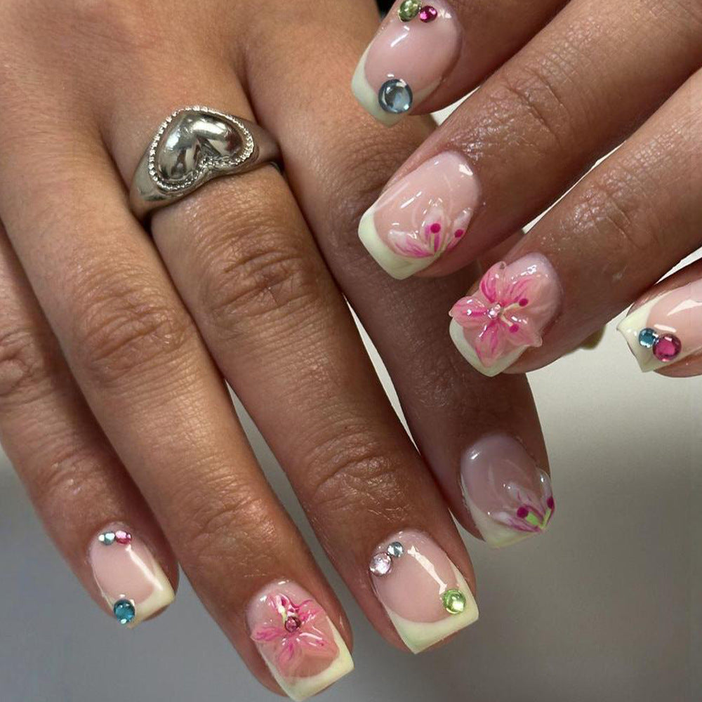 Blossom Elegance Short Square Pink with Floral Accents Press on Nail Set