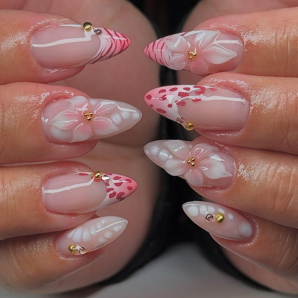 Enchanting Floral Fantasy Medium Almond Pink with Glamorous Gem Accents Press On Nail Set