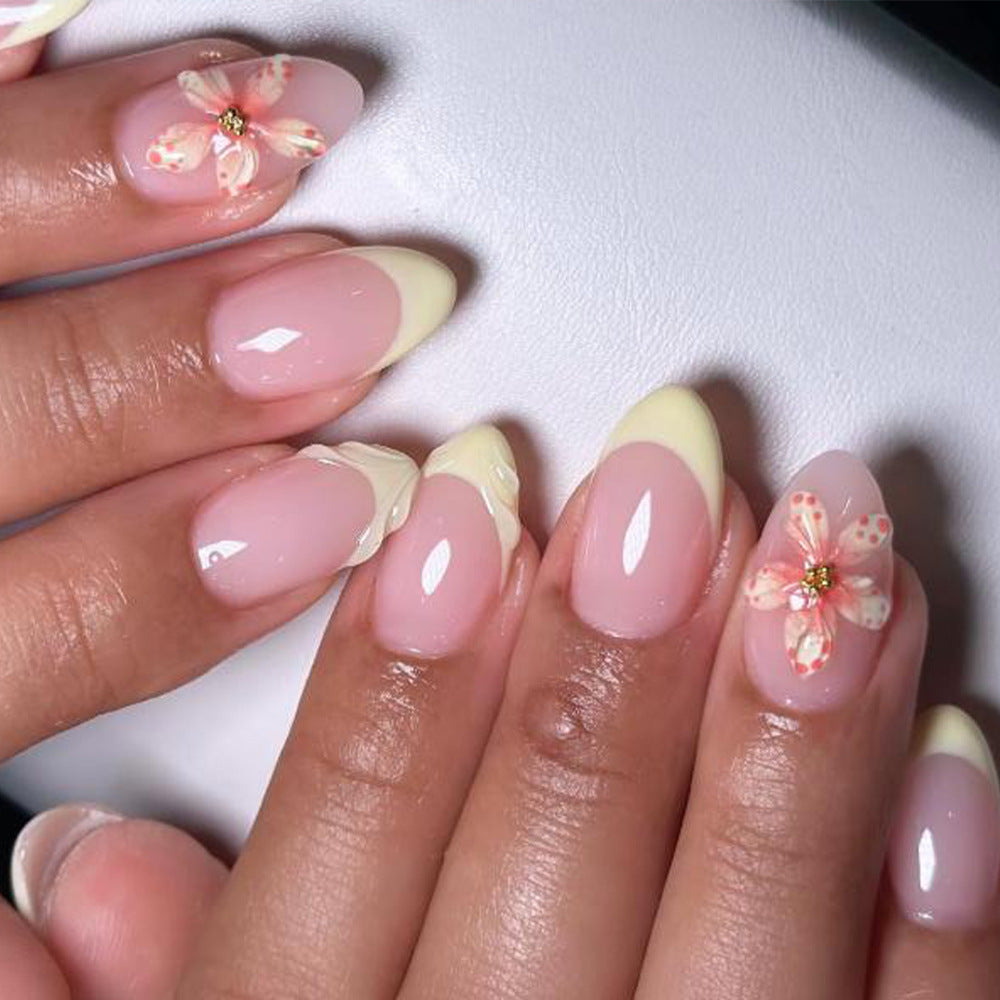 Blooming Elegance Medium Almond Pink with Floral Accents Press On Nail Set
