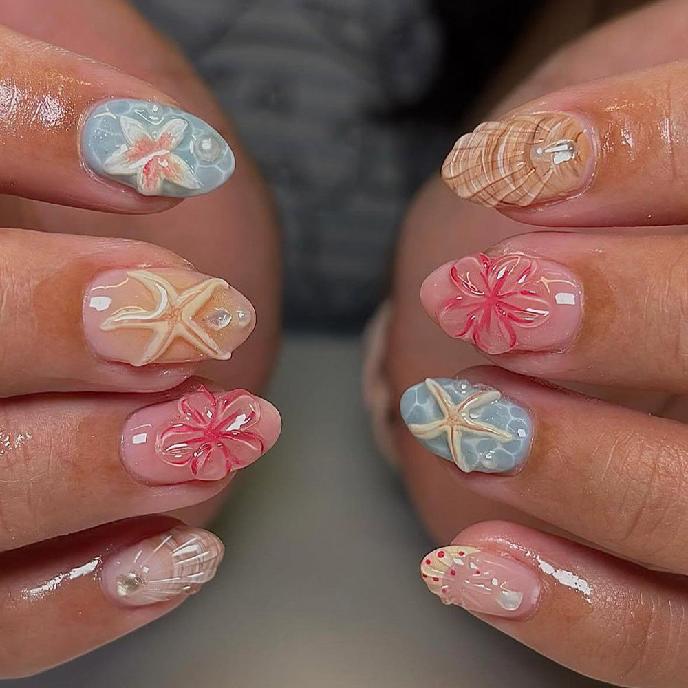 Tropical Paradise Short Almond Pink with Floral and Starfish Designs Press on Nail Set