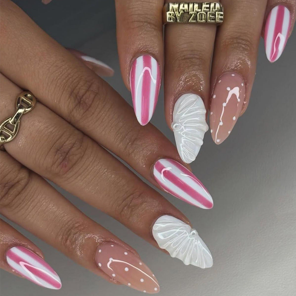Dreamy Pastel Medium Almond Pink with Butterfly Design Nail Set