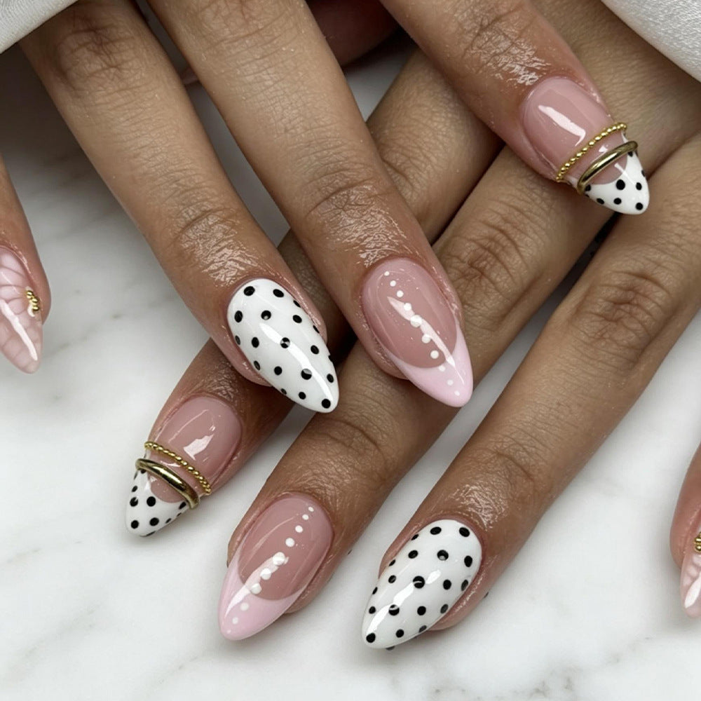 Glamorous Medium Almond Pink and White Polka Dot Press on Nail Set with Gold Accents