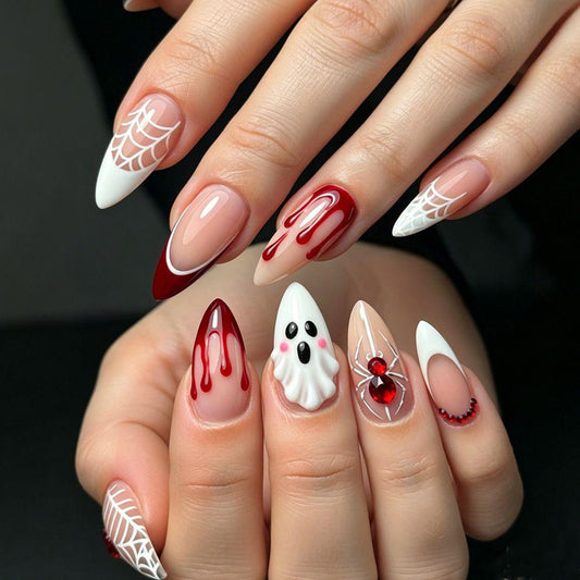 Spooky Almond Long Ghost Themed Press On Nail Set with Dripping Blood Design