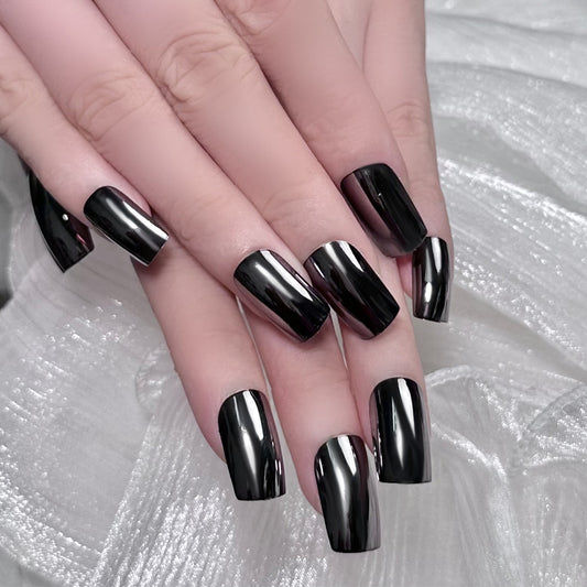 Glamorous Midnight Fantasy Long Square Black Press On Nail Set with High Shine Finish