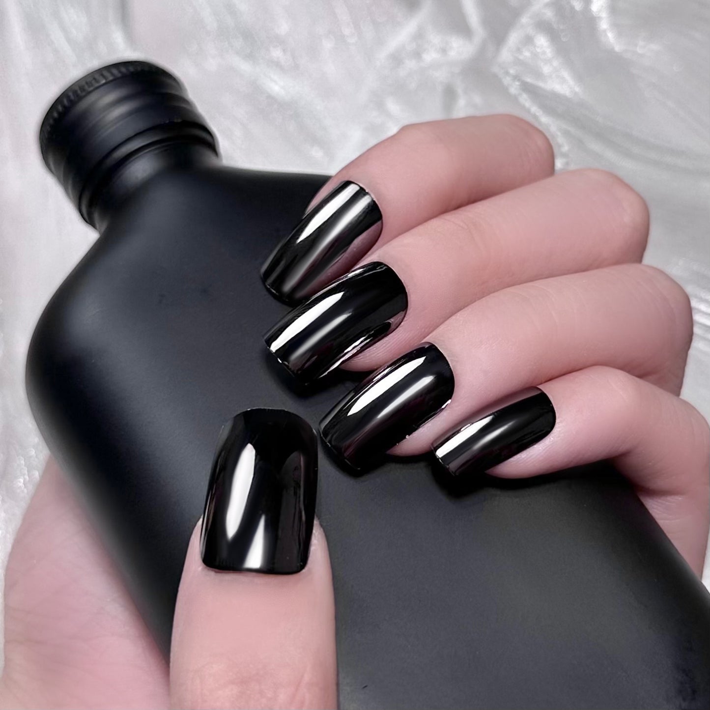 Gothic Elegance Long Square Black Press On Nail Set with High Gloss Finish