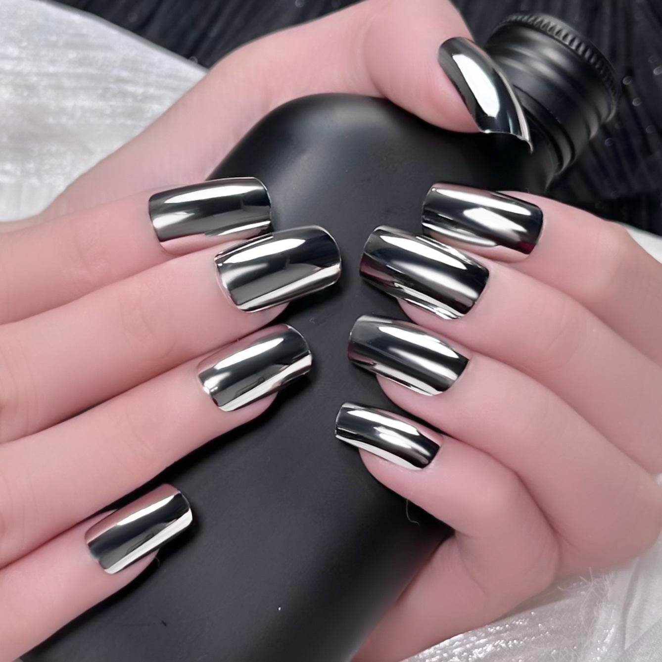 Glamorous Night Out Long Square Black Mirror Finish Press On Nail Set for Instant Elegance