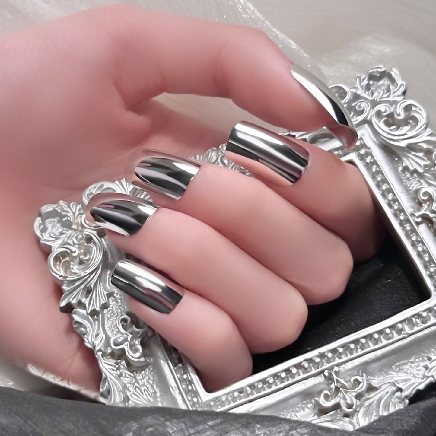 Glamorous Metallic Magic Long Square Press On Nail Set Sleek Silver Shine with Stunning Mirror Finish