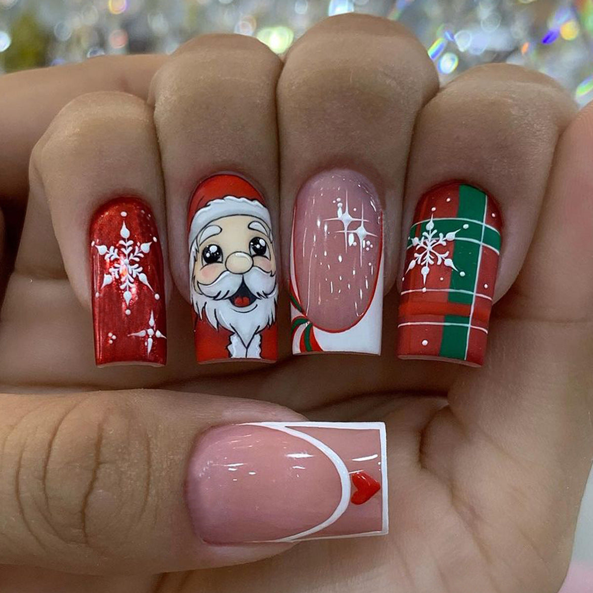 Festive Winter Wonderland Long Square Red and Pink Press On Nail Set with Santa Claus Design and Glitter Accents