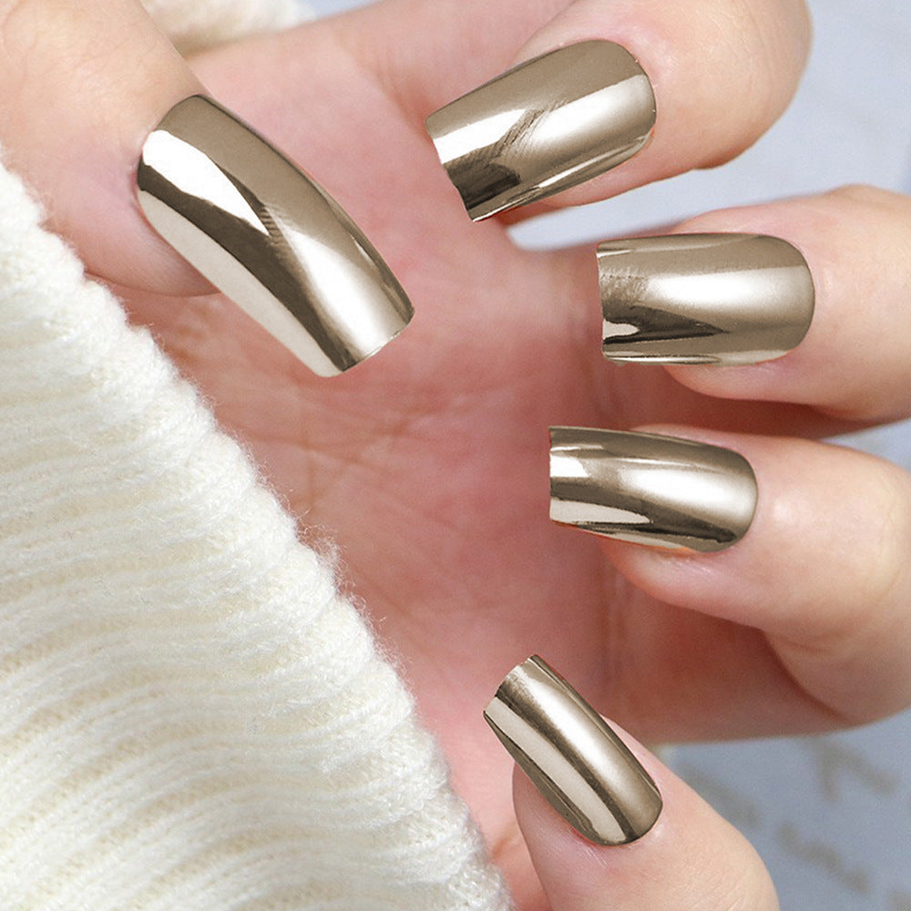 Glamorous Lengthy Long Square Metallic Gold Press On Nail Set with High Shine Finish