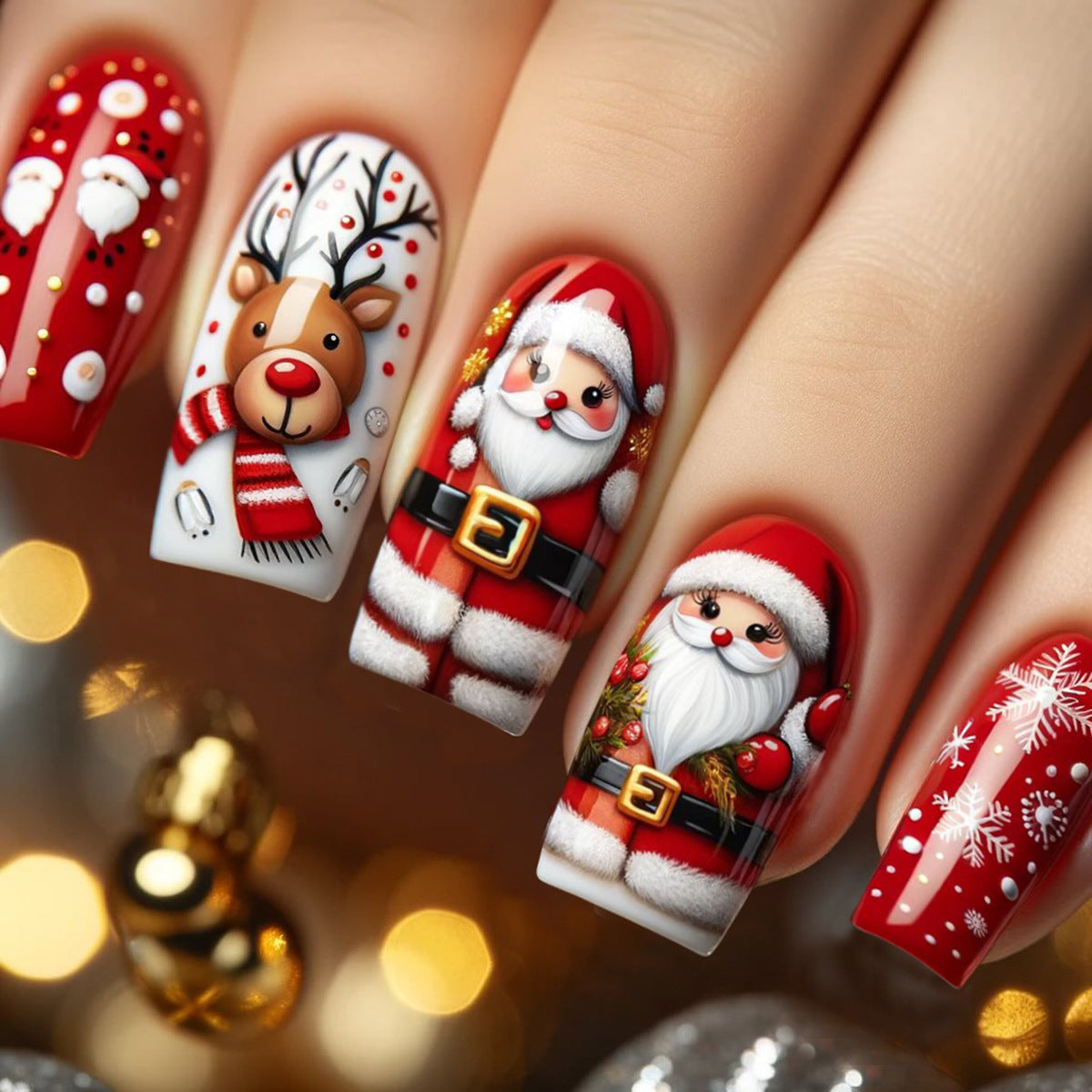 Festive Holiday Charm Long Square Red and White Press On Nail Set with Cute Santa and Reindeer Designs