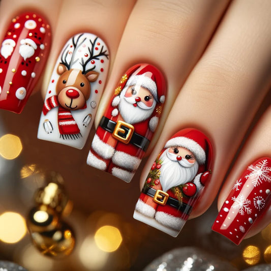 Festive Holiday Charm Long Square Red and White Press On Nail Set with Cute Santa and Reindeer Designs