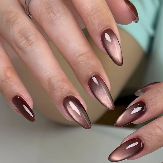 Chic Elegance Long Almond Brown Ombre Press-On Nail Set with Stunning Gradient Finish
