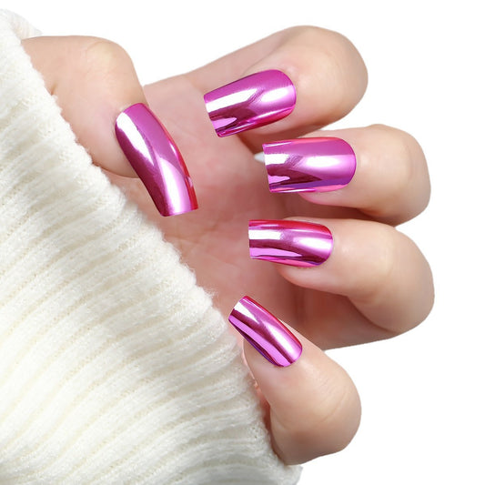 Glamorous Reflection Long Square Fuchsia Mirror Finish Press On Nail Set