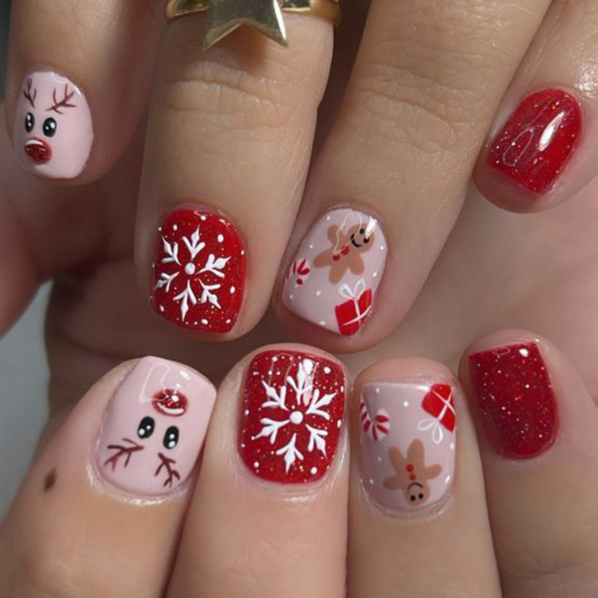 Festive Holiday Cheer Short Square Red and Pink Press On Nail Set with Cute Gingerbread and Reindeer Designs