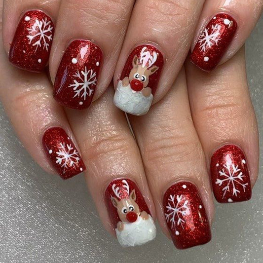 Christmas Cheer Medium Square Glittery Red Press On Nail Set with Festive Snowflakes and Cute Reindeer Design