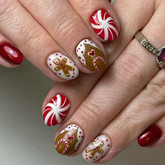 Festive Gingerbread Delight Medium Almond Red and White with Candy Cane and Heart Accents Press On Nail Set