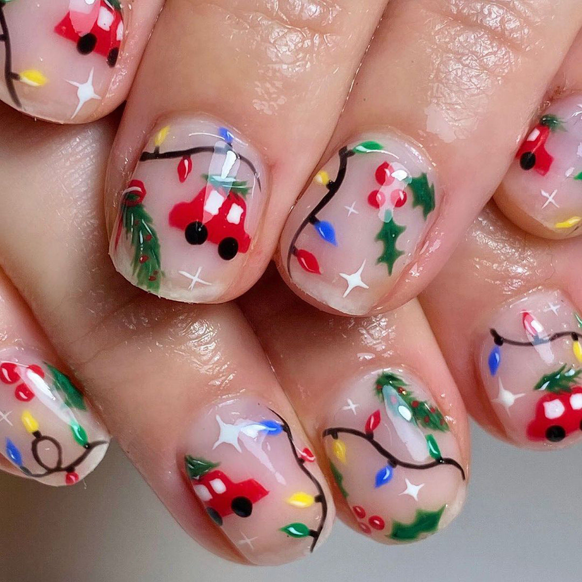 Festive Holiday Fun Short Oval Red and Green Christmas Tree Press On Nail Set with Colorful Lights Design