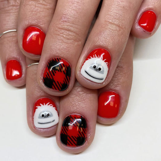 Festive Holiday Wonderland Short Square Red Plaid and Yeti Press On Nail Set