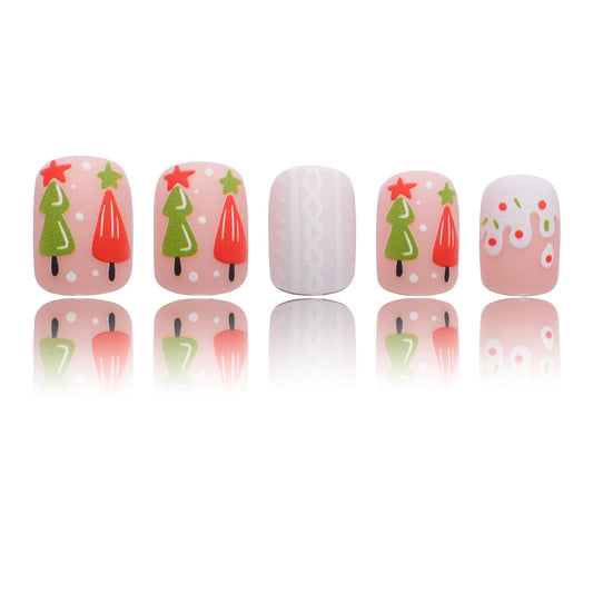 Festive Winter Wonderland Short Square Matte Pink Christmas Tree Press-On Nail Set