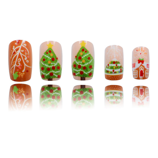 Festive Holiday Cheer Medium Square Green and Brown Christmas Tree Design Press on Nail Set