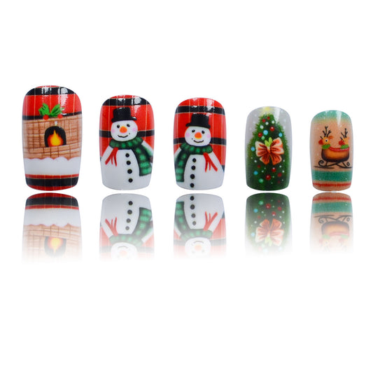 Joyful Winter Wonderland Holiday Press-On Nail Set Medium Square Shape Red and White with Festive Snowman and Christmas Tree Designs
