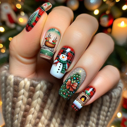 Festive Winter Wonderland Medium Square Red and Green with Beautiful Holiday Artwork Press On Nail Set