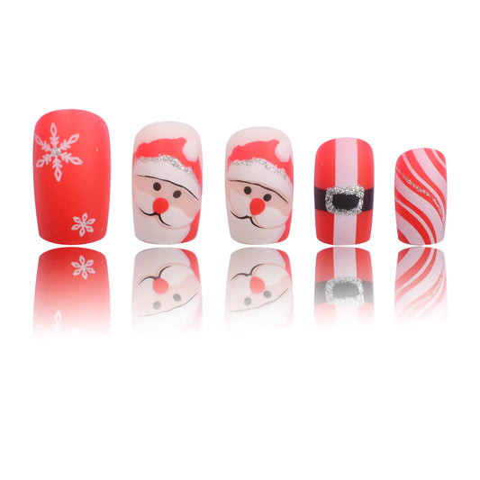 Festive Winter Wonderland Medium Square Red Press On Nail Set with Unique Santa and Snowflake Designs
