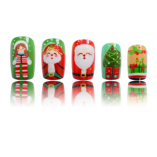 Festive Joy Colorful Medium Square Press-On Nail Set with Holiday Characters and Cheerful Designs