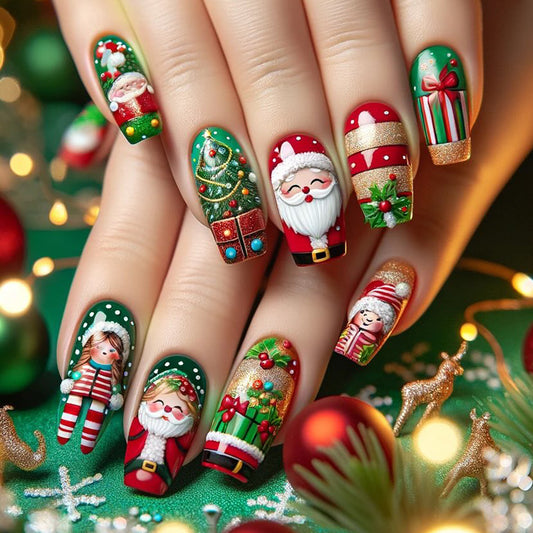 A set of press-on nails featuring whimsical Christmas characters in green and red colors, including depictions of Santa Claus, a reindeer, and holiday-themed decorations.