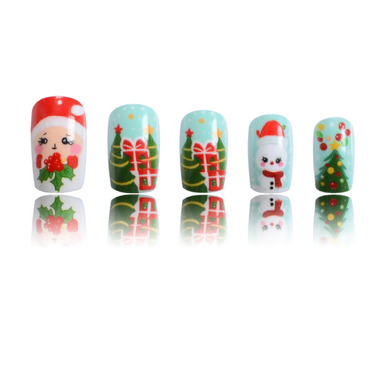 Festive Cheer Medium Square Mint Green Press On Nail Set with Whimsical Holiday Designs