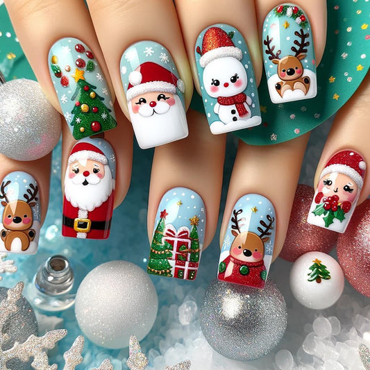 Festive Holiday Medium Square Sky Blue Nail Set with Whimsical Christmas Characters and Sparkling Accents