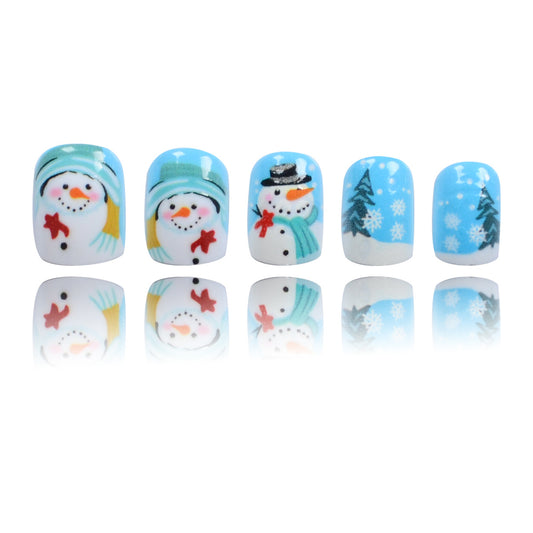 Winter Wonderland Short Square Blue Press On Nails with Charming Snowman Designs