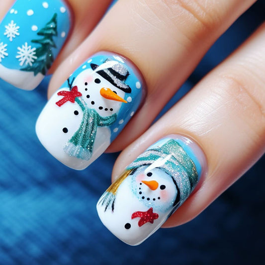 Winter Wonderland Medium Square Blue Snowman Themed Press On Nail Set with Sparkling Accents
