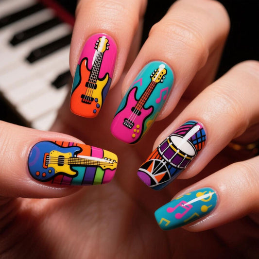 Musical Vibes Long Square Colorful Guitar Design Press On Nail Set