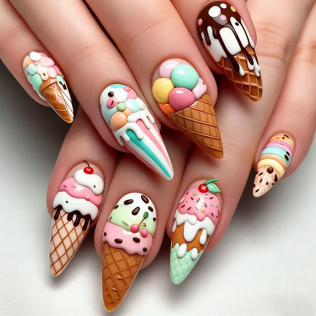 Delightful Ice Cream Inspired Medium Almond Multicolored Nail Set with Sweet Treat Designs