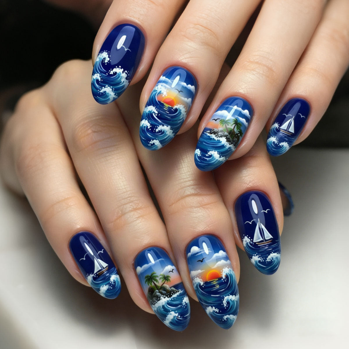 Nautical Adventure Medium Oval Blue with Ocean Wave Art Press On Nail Set