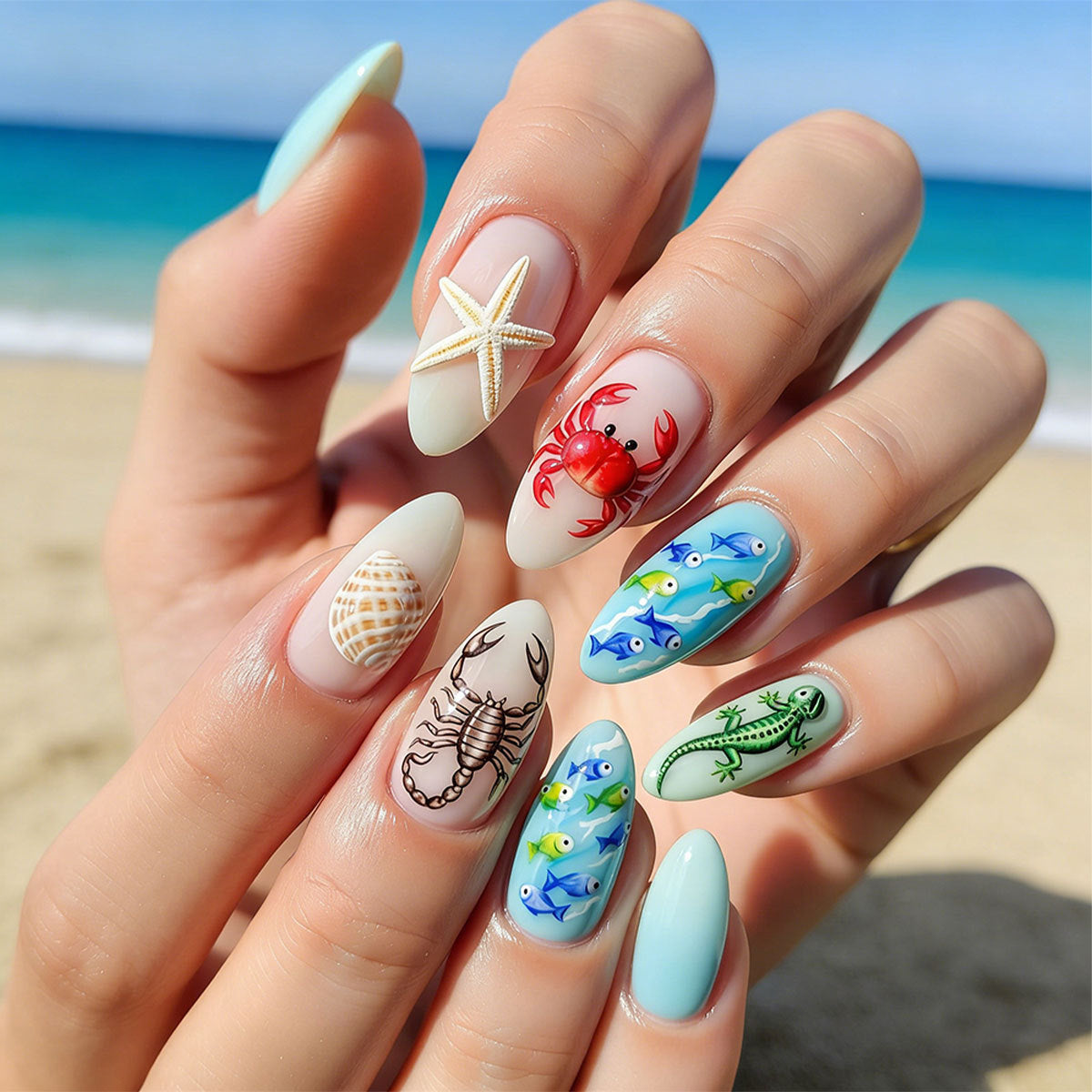 Beach Vibes Medium Almond Light Blue with Marine Themed Art Press On Nail Set