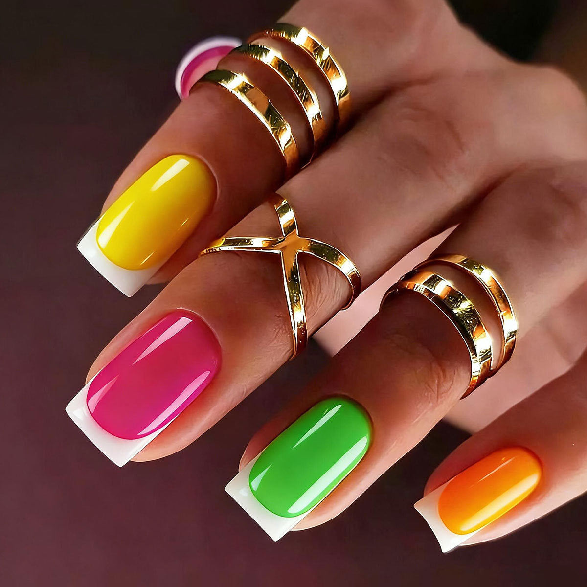 Vibrant Summer Medium Square Multi-Color Press-On Nail Set with Glossy Finish