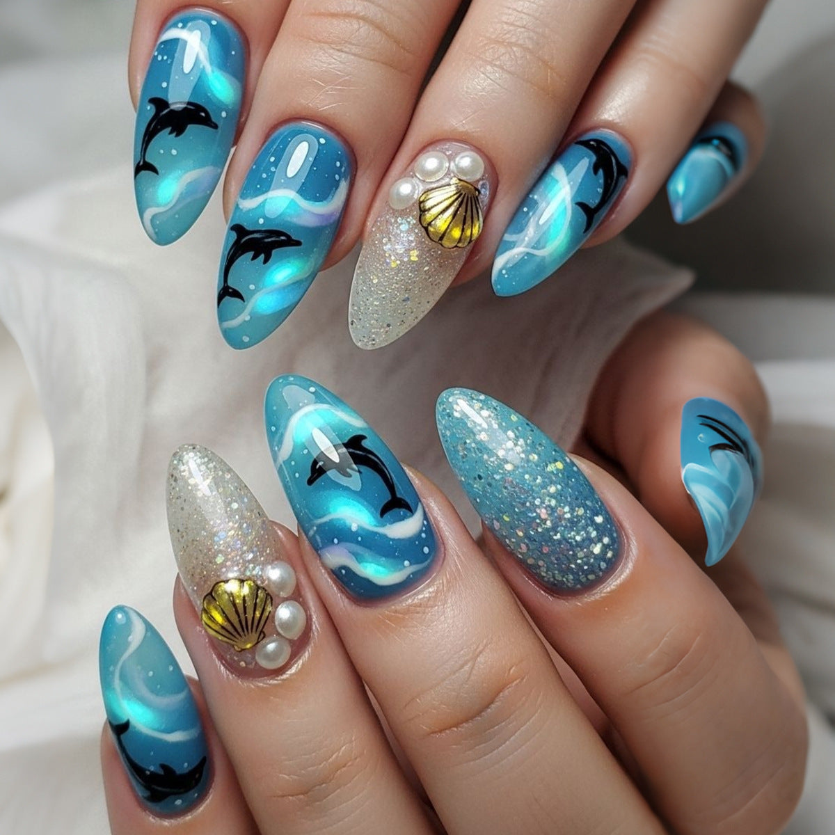 Oceanic Dream Medium Almond Blue with Dolphin Design and Glitter Accents