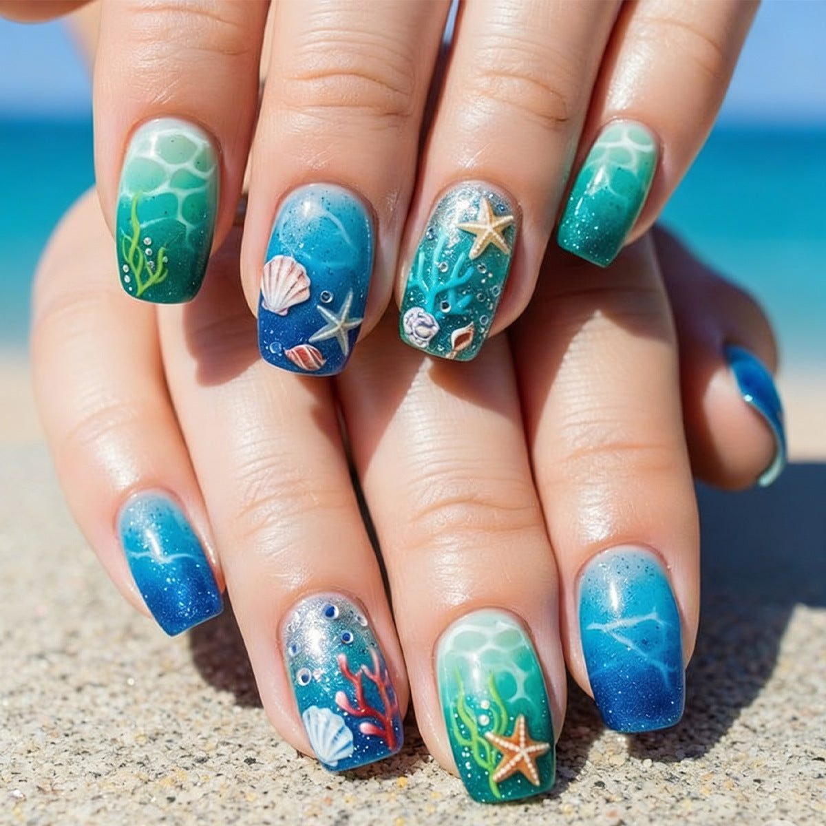 Ocean Breeze Medium Square Aqua Gradient with Seashell Accents Press-On Nail Set