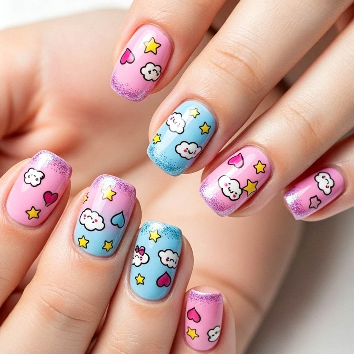 Dreamy Cloud and Star Themed Short Square Pink and Blue Press on Nail Set with Sparkling Tips