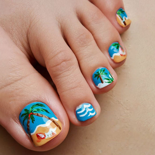 Tropical Paradise Short Square Blue Ocean Theme Press on Toenail Set with Stunning Beach Artwork